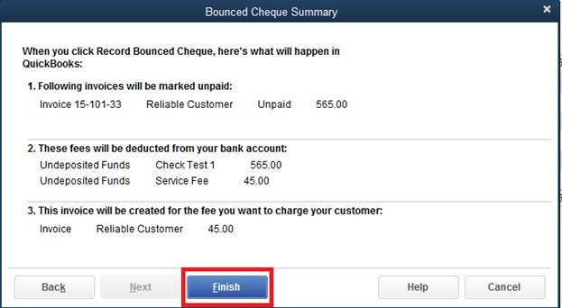 QuickBooks Bounced Check Record